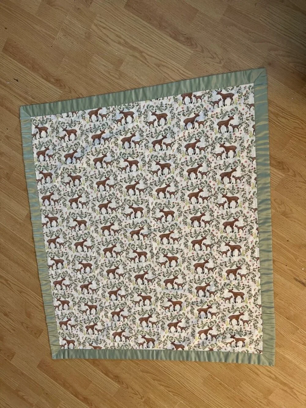 Baby Blanket Deer Pattern Satin Trim Vintage Green & Brown  Handmade Reversible